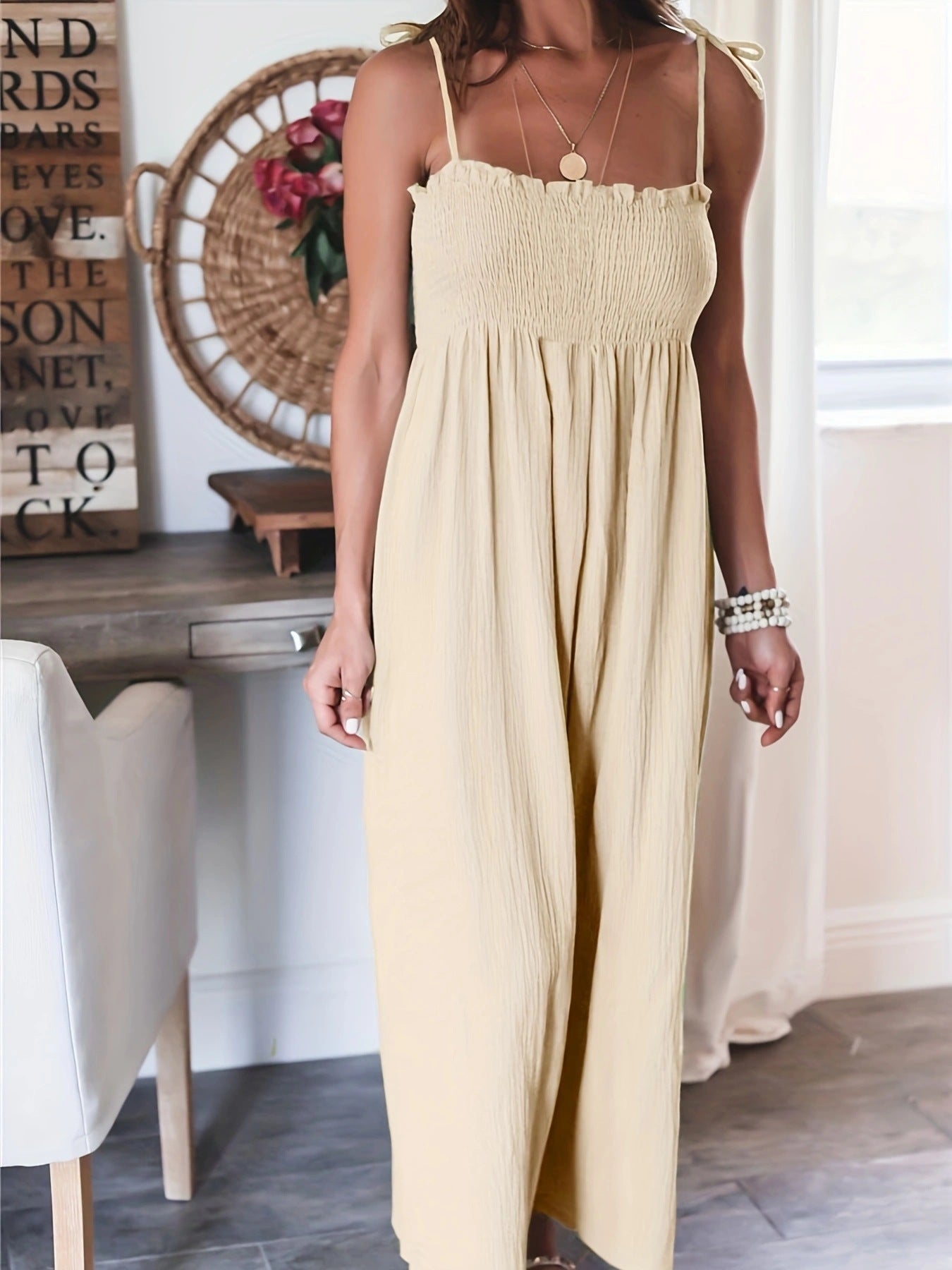 Boho Wide Leg Smocked Backless Cami Jumpsuit
