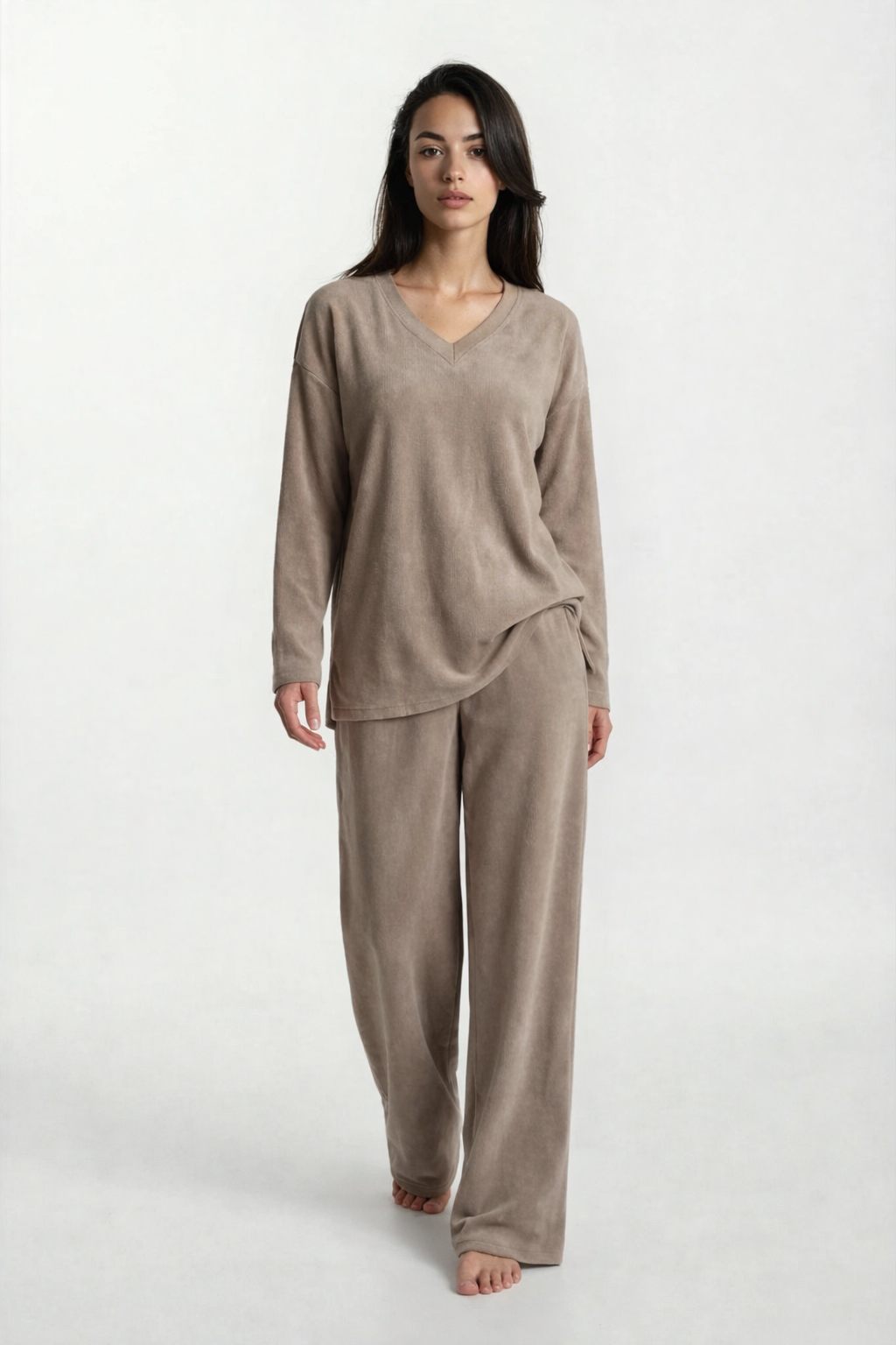 Relaxed French Terry Matching Lounge Set For Women 2PC In Latte
