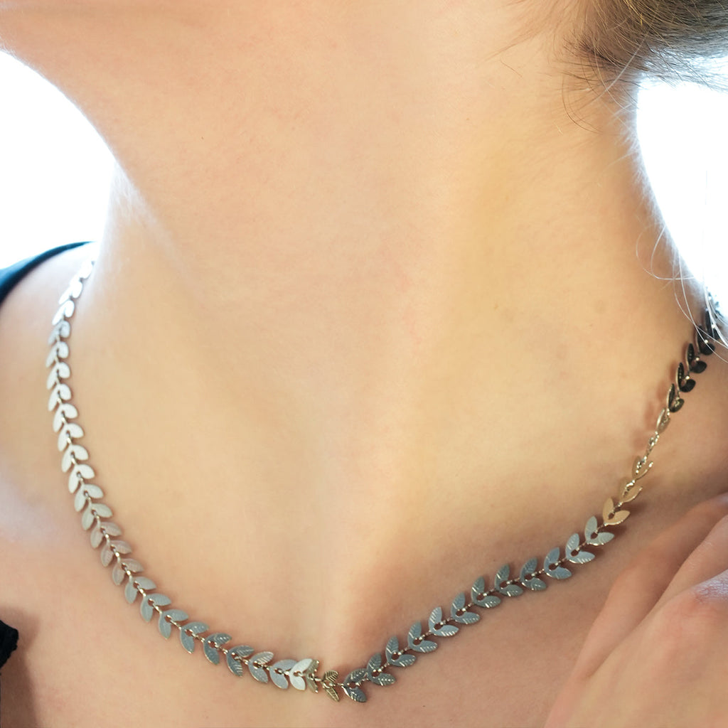 ALALA Silver Toned White Gold: Botanical Beauty Embossed Leaf Necklace