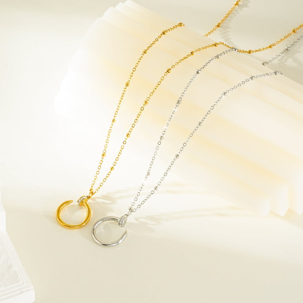 CSENGE Silver (White Gold) Necklace:  Zirconia Embedded Circular Nail Pendant on a Satellite Beaded Chain