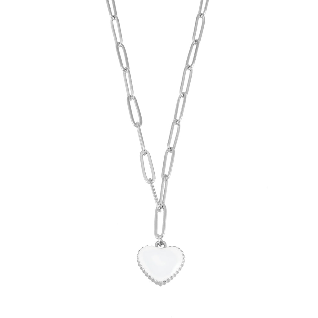 HEART WHITE Silver (White Gold): Paper Clip Chain Anchoring an Enameled White Heart Charm