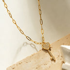 JAZRINA Gold: Pavé Key & Heart Pendant on a Paper Clip Chain Necklace