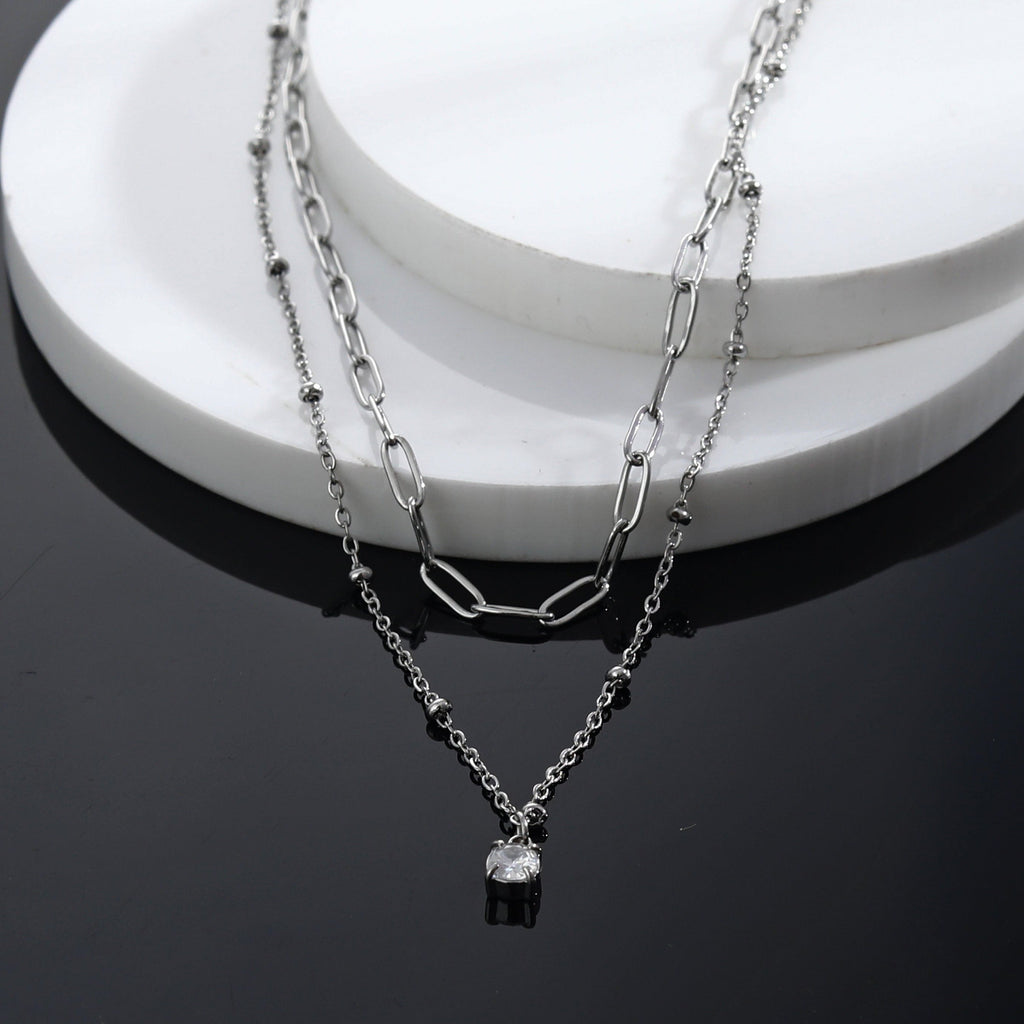 Pre-Layered Chains Necklace with a Solitaire Zirconia Charm Pendant