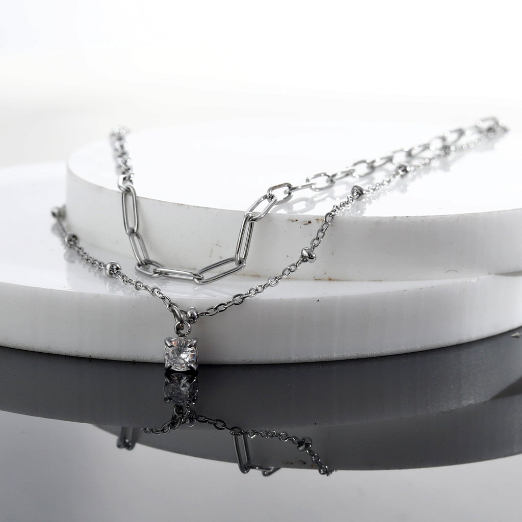 Pre-Layered Chains Necklace with a Solitaire Zirconia Charm Pendant