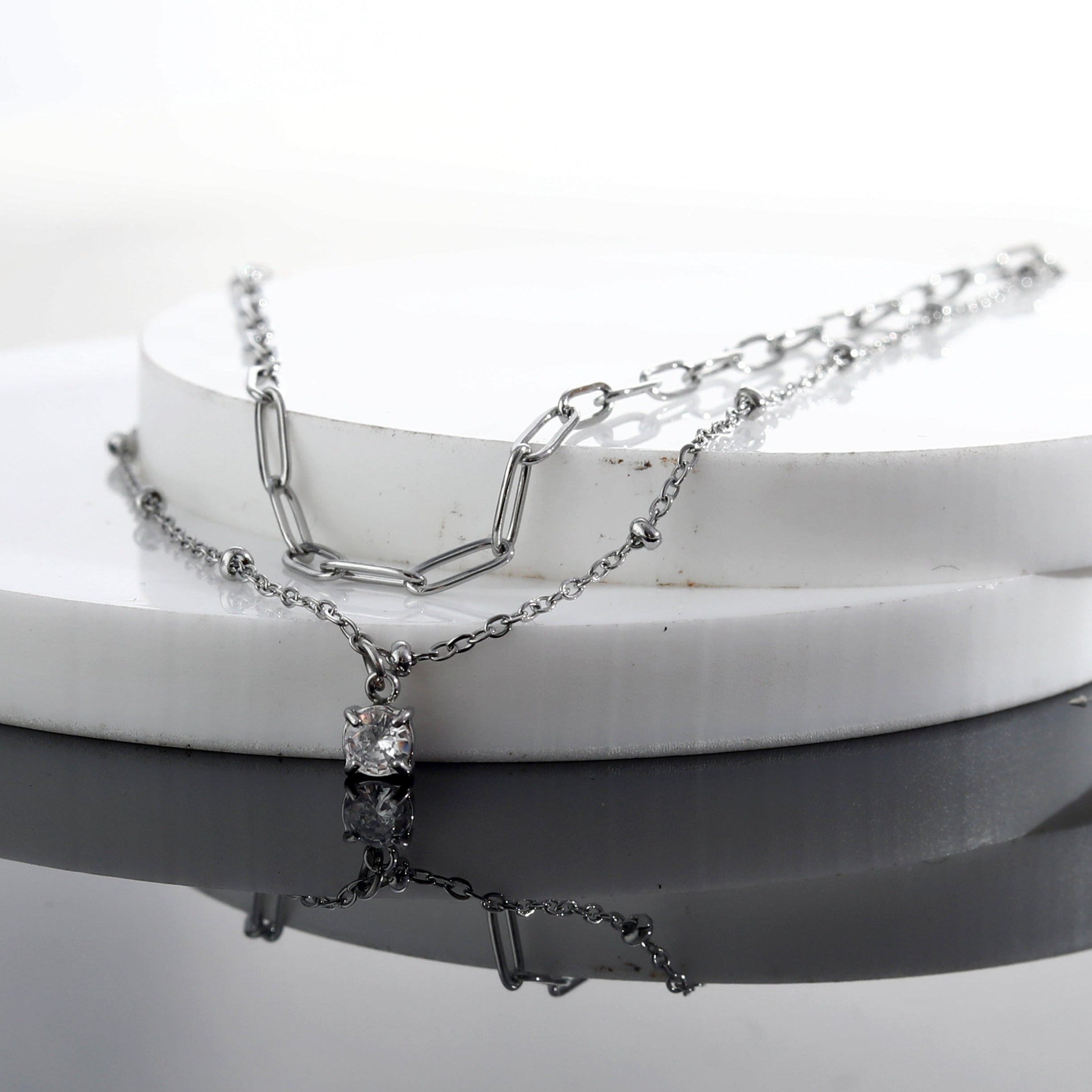 Pre-Layered Chains Necklace with a Solitaire Zirconia Charm Pendant