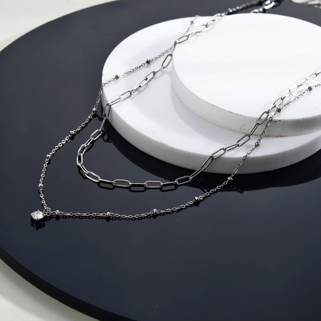 Pre-Layered Chains Necklace with a Solitaire Zirconia Charm Pendant