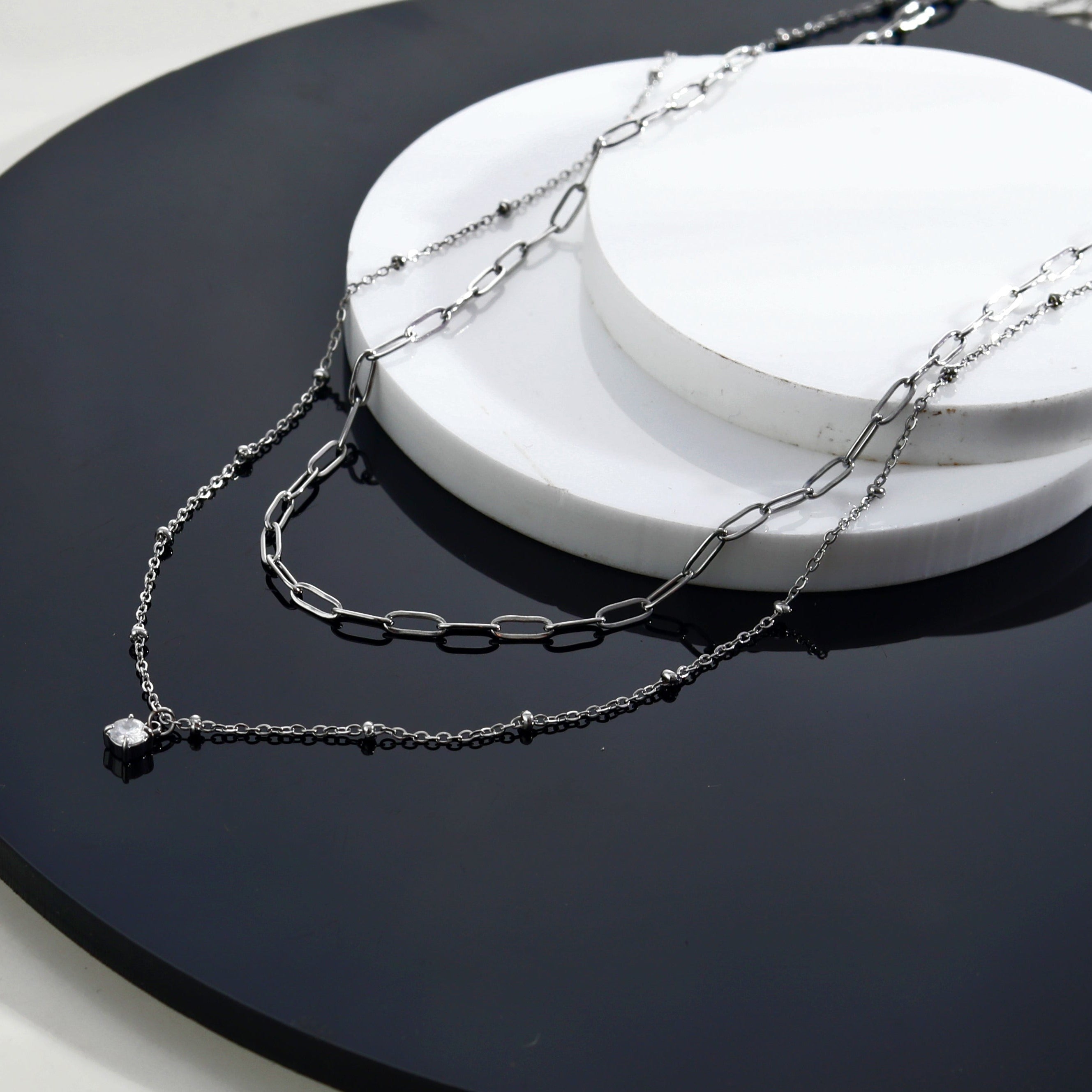 Pre-Layered Chains Necklace with a Solitaire Zirconia Charm Pendant