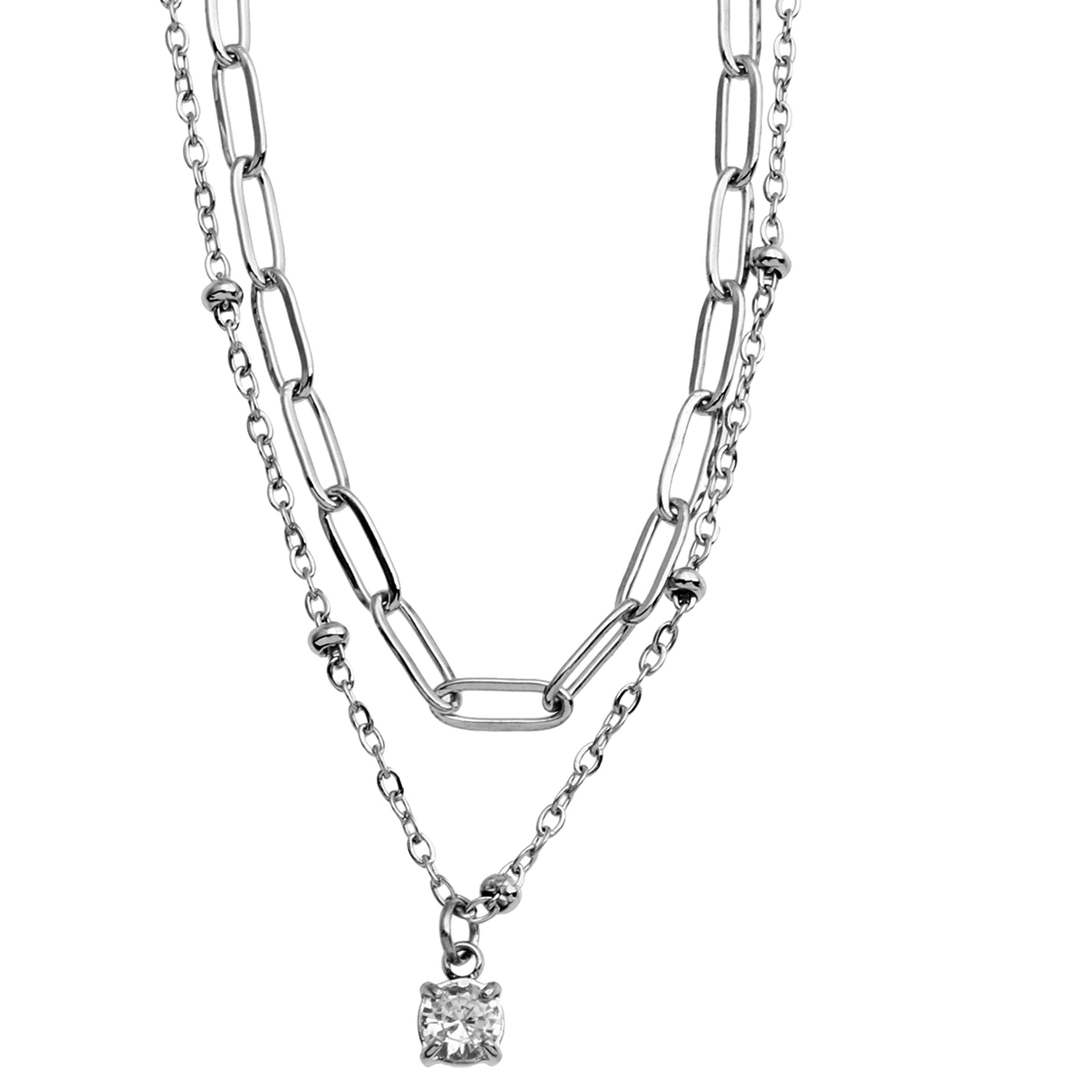 Pre-Layered Chains Necklace with a Solitaire Zirconia Charm Pendant