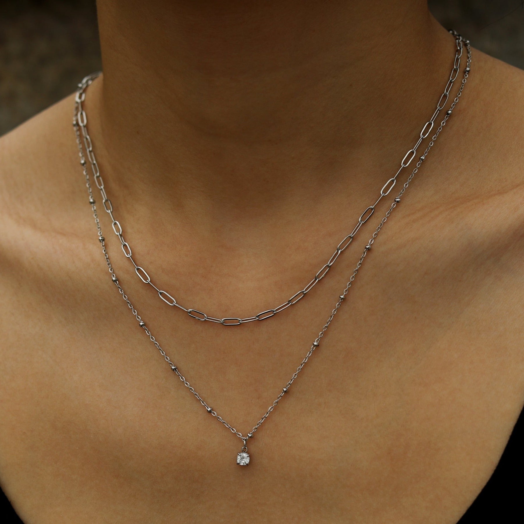 Pre-Layered Chains Necklace with a Solitaire Zirconia Charm Pendant