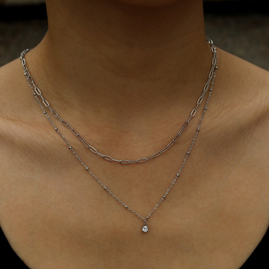 Pre-Layered Chains Necklace with a Solitaire Zirconia Charm Pendant
