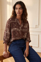 Livia Brown Bandana Print Button-Front Blouse