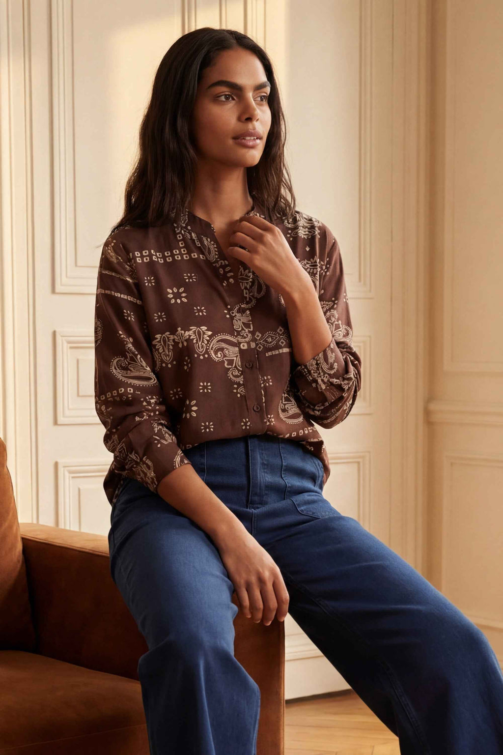 Livia Brown Bandana Print Button-Front Blouse