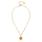 Mini Paper Clip Chain Anchoring a Patterned Heart Charm in Gold