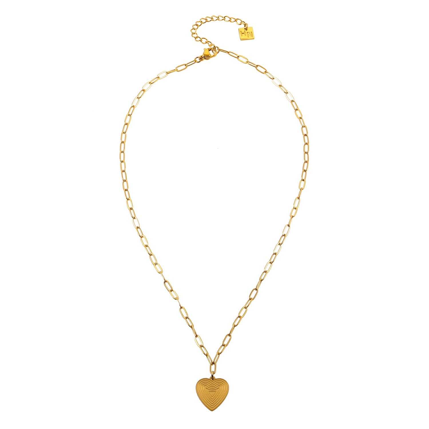 Mini Paper Clip Chain Anchoring a Patterned Heart Charm in Gold