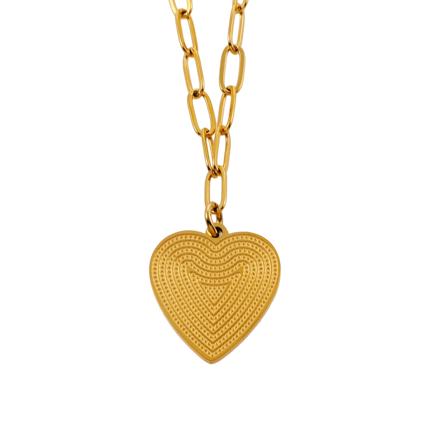 Mini Paper Clip Chain Anchoring a Patterned Heart Charm in Gold