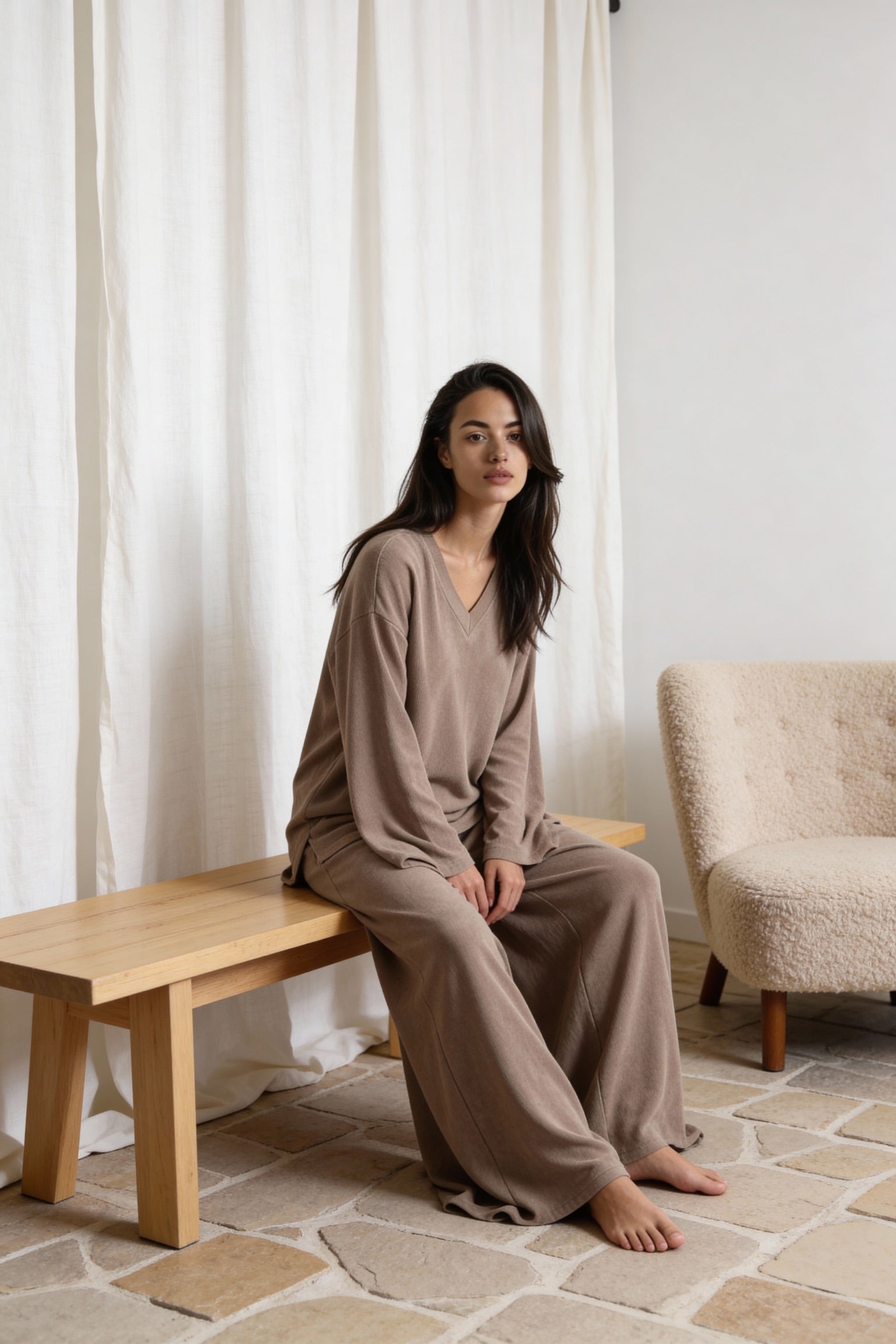 Relaxed French Terry Matching Lounge Set For Women 2PC In Latte