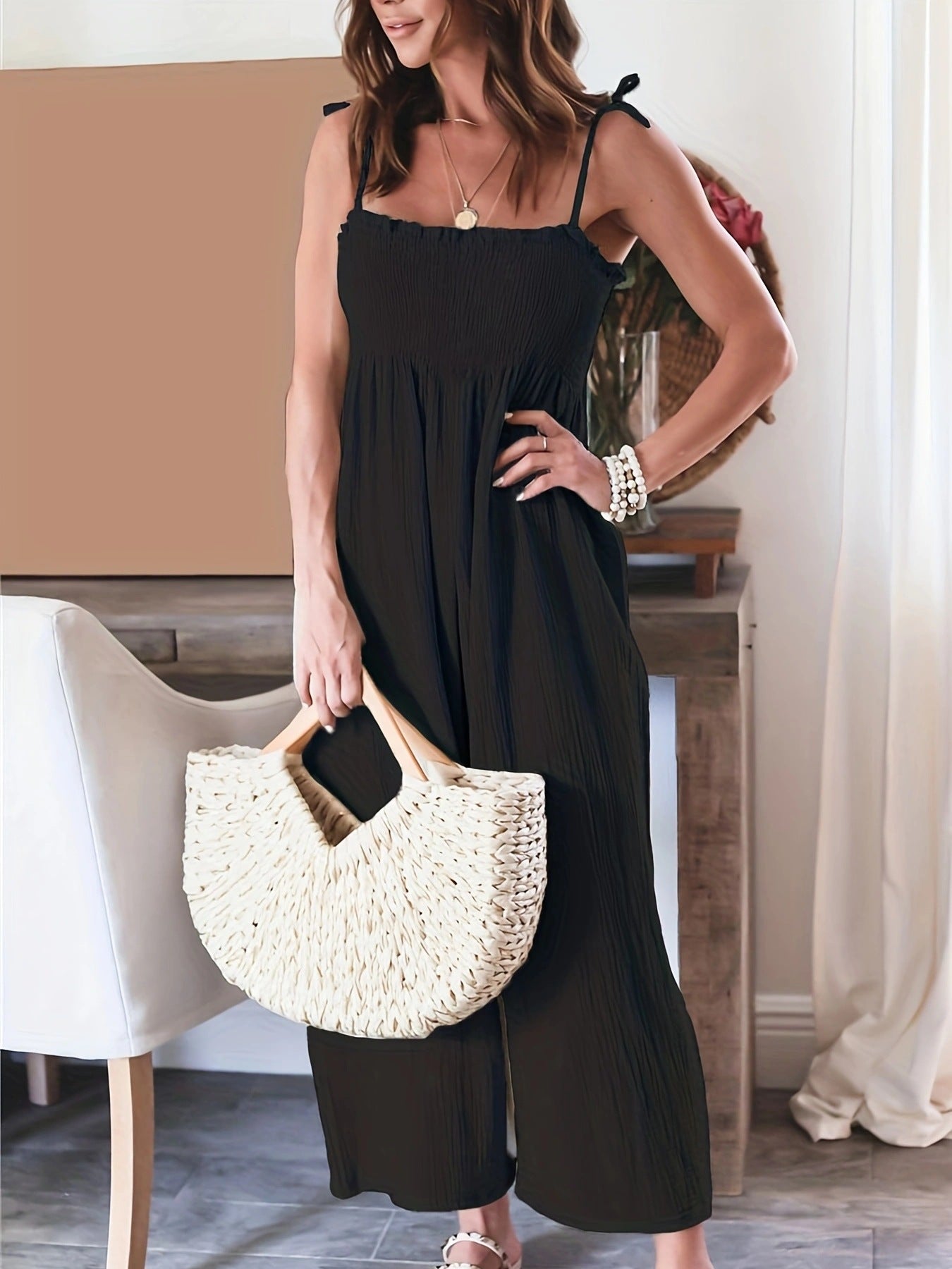 Boho Wide Leg Smocked Backless Cami Jumpsuit